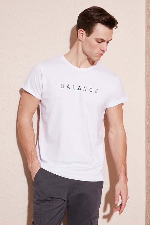 Pamuklu Slim Fit Bisiklet Yaka Erkek T Shirt 541BALANCE BEYAZ