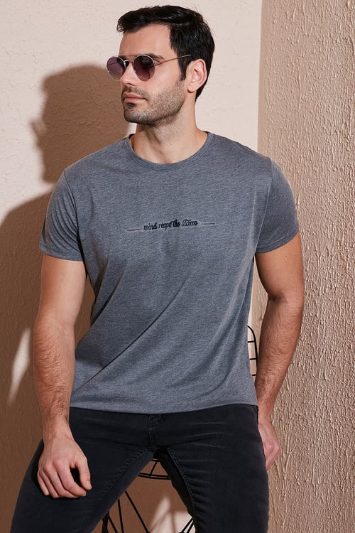 Pamuklu Slim Fit Bisiklet Yaka Erkek T Shirt 541WIND ANTRASİT