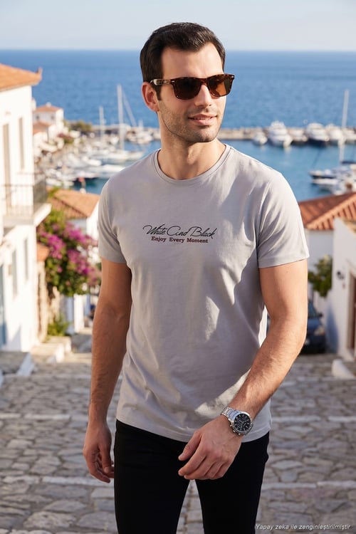 Pamuklu Slim Fit Bisiklet Yaka Yazılı Erkek T Shirt 541ENJOY AÇIK GRİ