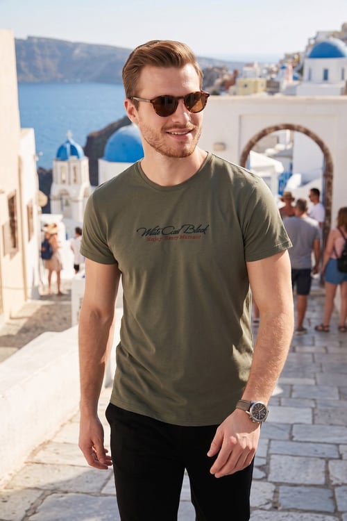 Pamuklu Slim Fit Bisiklet Yaka Yazılı Erkek T Shirt 541ENJOY HAKİ