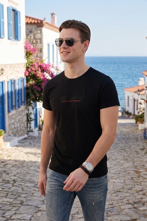 Pamuklu Slim Fit Bisiklet Yaka Yazılı Erkek T Shirt 541ENJOY SİYAH