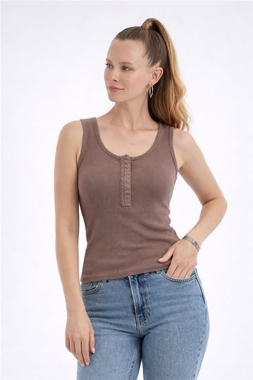 Pamuklu Slim Fit Çıtçıt Detaylı Yuvarlak Yaka Kadın Atlet 26Y0059K1 KAHVE