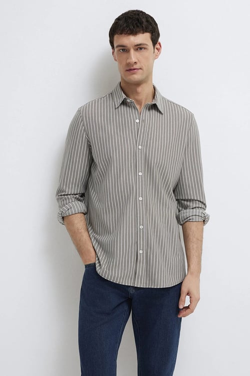 Pamuklu Slim Fit Çizgili Klasik Yaka Uzun Kollu Erkek Gömlek 0211404-91582 Taş-Beyaz