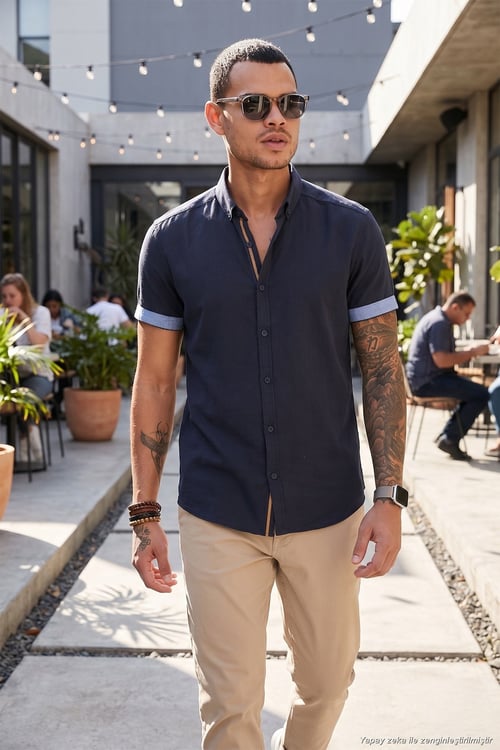 Pamuklu Slim Fit Düğmeli Yaka Kısa Kollu Erkek Gömlek CF21S112546 LACİVERT