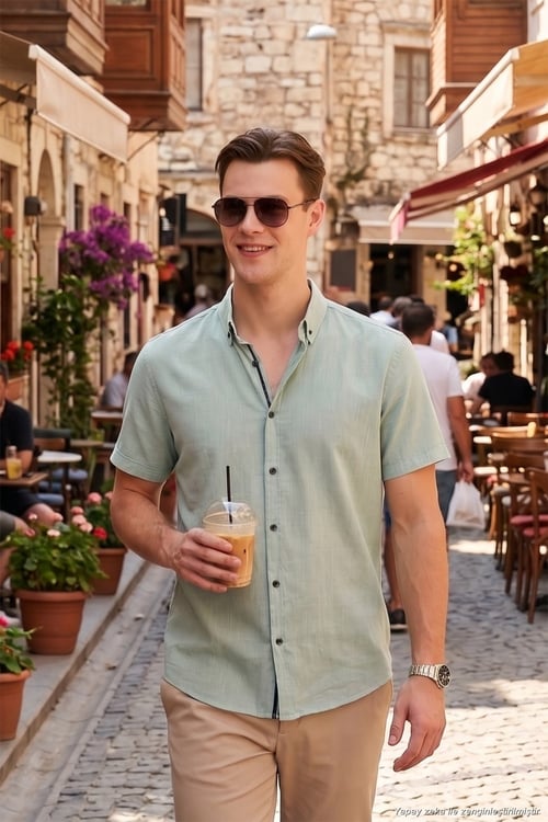 Pamuklu Slim Fit Düğmeli Yaka Kısa Kollu Erkek Gömlek CF21S112546 ELMA YEŞİLİ