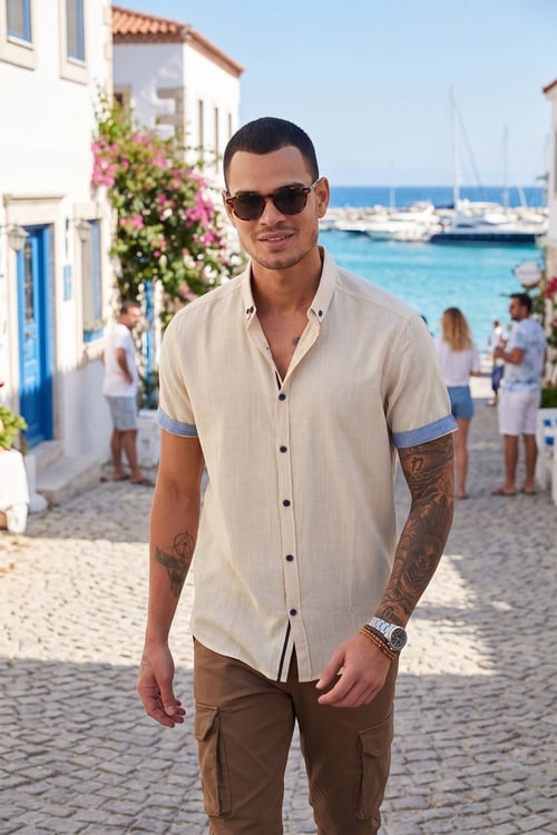 Pamuklu Slim Fit Düğmeli Yaka Kısa Kollu Erkek Gömlek CF21S112546 TAŞ