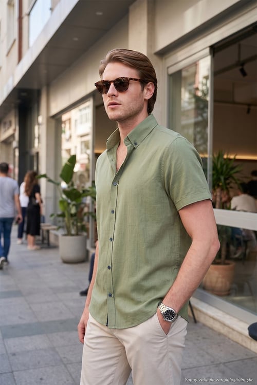 Pamuklu Slim Fit Düğmeli Yaka Kısa Kollu Erkek Gömlek CF21S112546 HAKİ