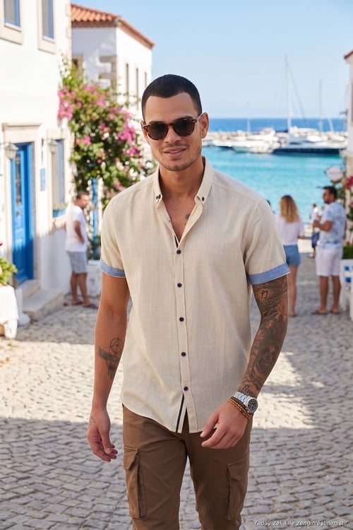 Pamuklu Slim Fit Düğmeli Yaka Kısa Kollu Erkek Gömlek CF21S112546 TAŞ