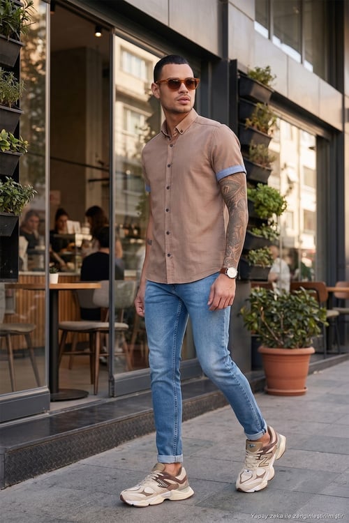 Pamuklu Slim Fit Düğmeli Yaka Kısa Kollu Erkek Gömlek CF21S112546 TOPRAK