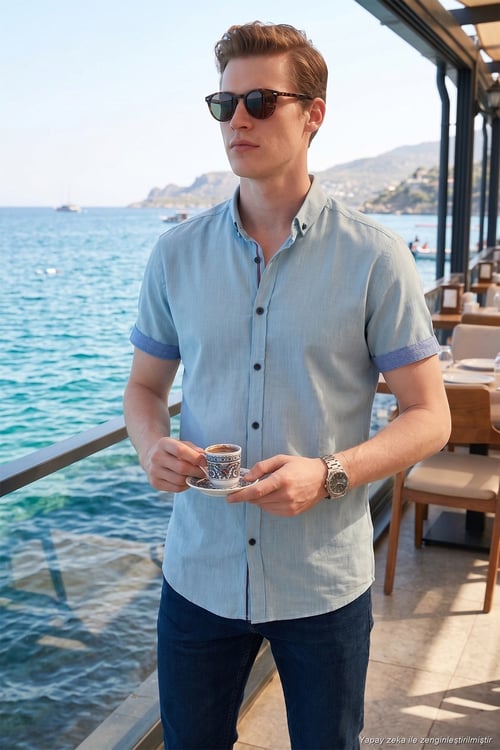 Pamuklu Slim Fit Düğmeli Yaka Kısa Kollu Erkek Gömlek CF21S112546 AQUA