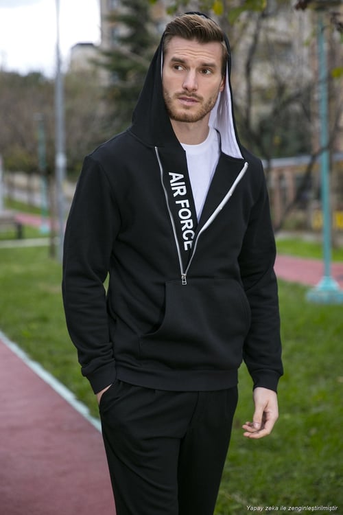 Pamuklu Slim Fit Kanguru Cepli Fermuar Detaylı Kapüşon Yaka Erkek Sweat 575707 SİYAH-SİYAH