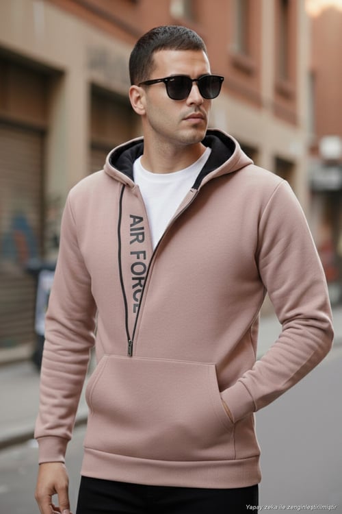 Pamuklu Slim Fit Kanguru Cepli Fermuar Detaylı Kapüşon Yaka Erkek Sweat 575707 GÜL
