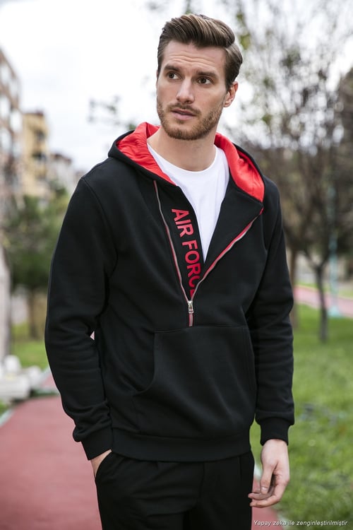 Pamuklu Slim Fit Kanguru Cepli Fermuar Detaylı Kapüşon Yaka Erkek Sweat 575707 SİYAH-KIRMIZI