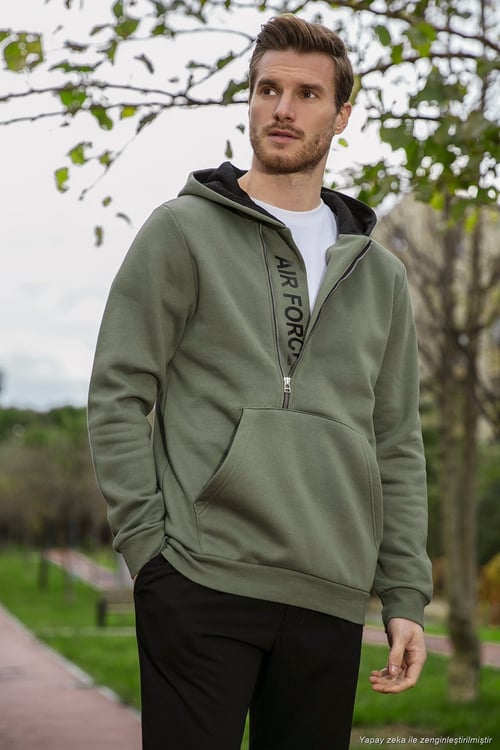 Pamuklu Slim Fit Kanguru Cepli Fermuar Detaylı Kapüşon Yaka Erkek Sweat 575707 HAKİ