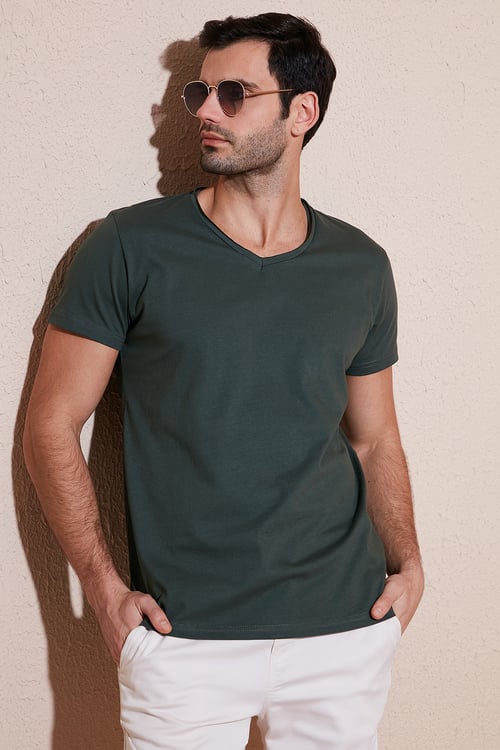 Pamuklu Slim Fit V Yaka Basic Erkek T Shirt 5412001 HAKİ