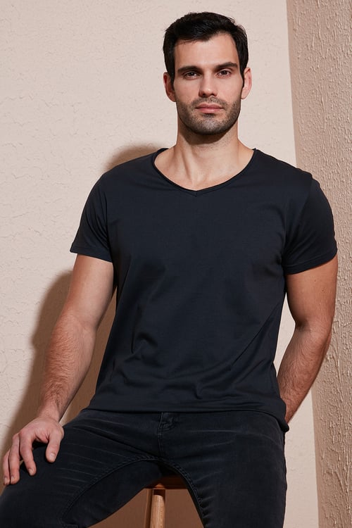Pamuklu Slim Fit V Yaka Basic Erkek T Shirt 5412001 FÜME