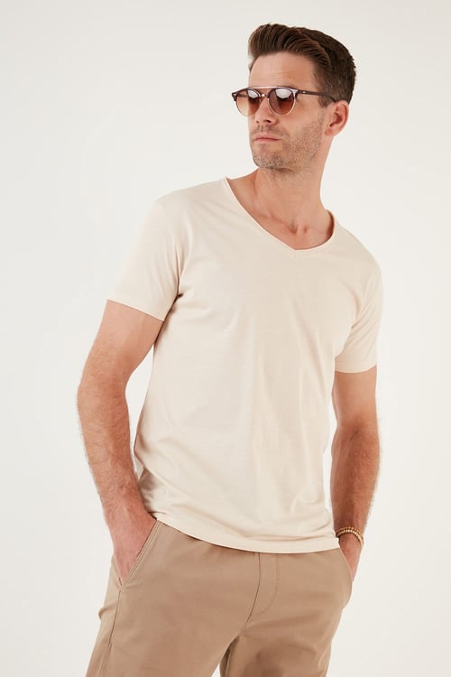 Pamuklu Slim Fit V Yaka Basic Erkek T Shirt 5412001 BEJ