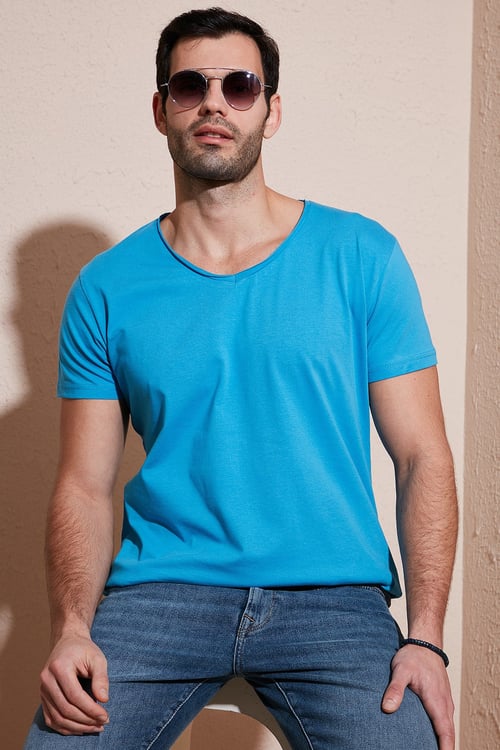 Pamuklu Slim Fit V Yaka Basic Erkek T Shirt 5412001 İNDİGO