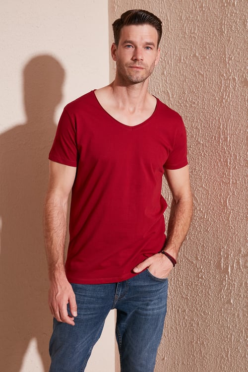Pamuklu Slim Fit V Yaka Basic Erkek T Shirt 5412001 KIRMIZI