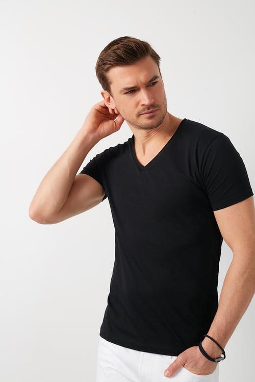 Pamuklu Slim Fit V Yaka Basic Erkek T Shirt 5412001 SİYAH