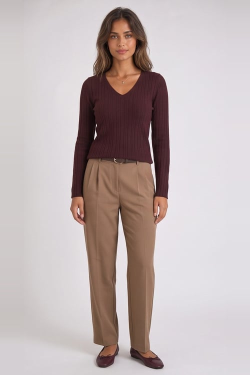 Pamuklu Slim Fit V Yaka Kadın Bluz 26K0199K1 BORDO