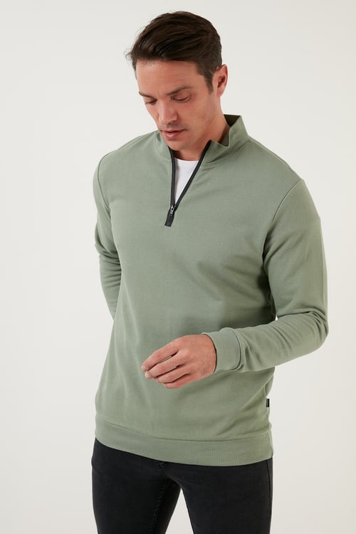 Pamuklu Slim Fit Yarım Fermuarlı Dik Yaka Erkek Sweat 5905400 Elma