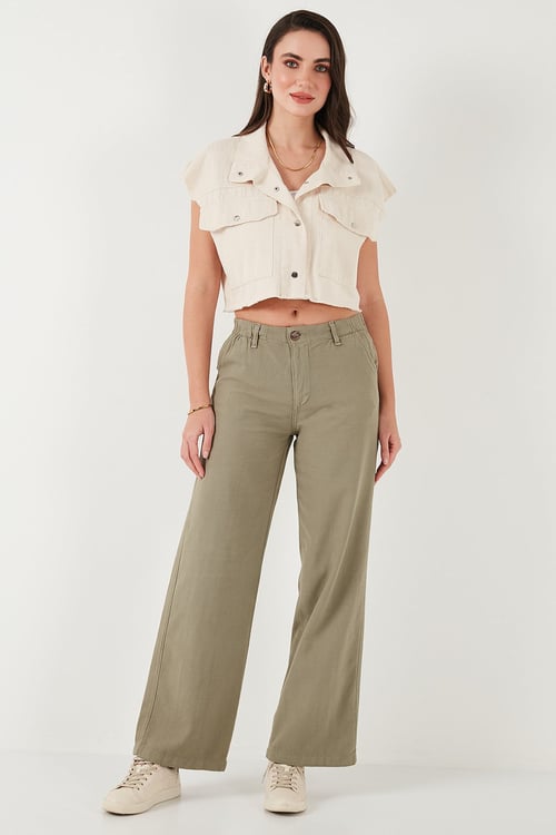 Pamuklu Standart Fit Yüksek Bel Geniş Paça Kadın Pantolon 668YP5193 HAKİ