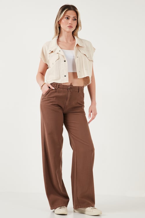 Pamuklu Standart Fit Yüksek Bel Geniş Paça Kadın Pantolon 668YP5193 KAHVE