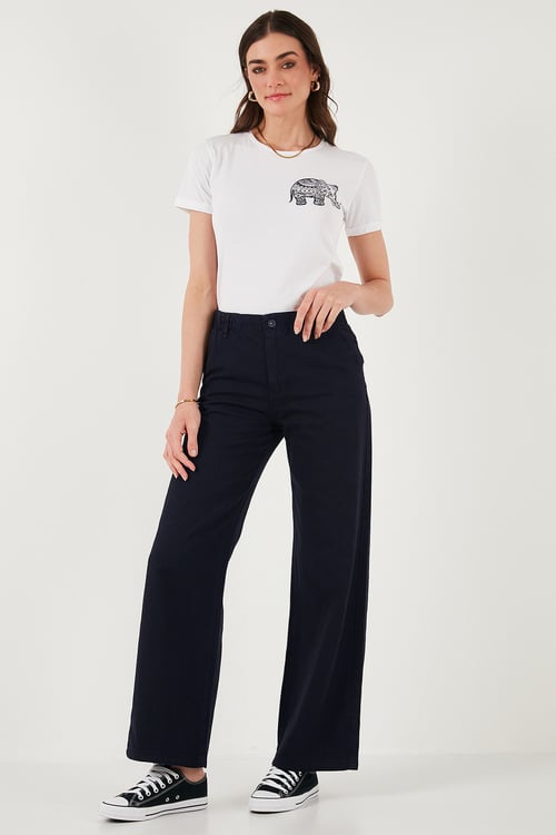 Pamuklu Standart Fit Yüksek Bel Geniş Paça Kadın Pantolon 668YP5344 LACİVERT