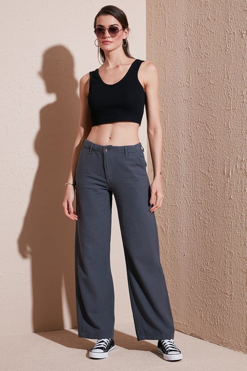 Pamuklu Standart Fit Yüksek Bel Geniş Paça Kadın Pantolon 668YP5193 ANTRASİT