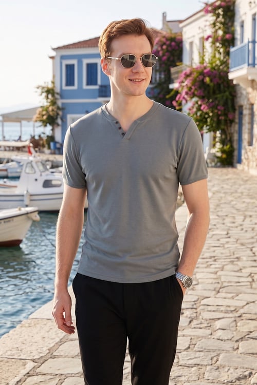 Pamuklu V Yaka Regular Fit Erkek T Shirt 5902122 AÇIK HAKİ