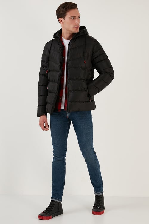 Peluş Astarlı Kapüşonlu Fermuarlı Slim Fit Şişme Erkek Mont 5762010 SİYAH