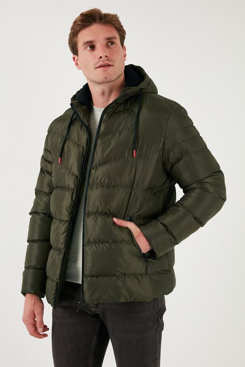 Peluş Astarlı Kapüşonlu Fermuarlı Slim Fit Şişme Erkek Mont 5762010 HAKİ