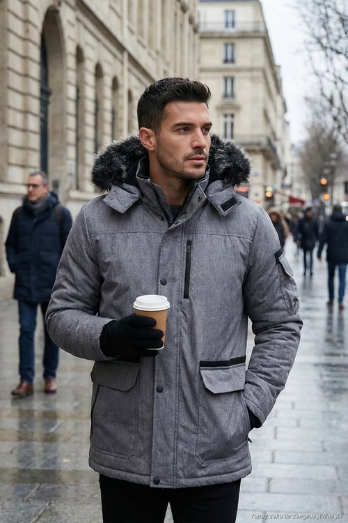 Peluş Astarlı Suya ve Rüzgara Dayanıklı Soğuk Geçirmez Slim Fit Erkek Mont 5711051 AÇIK GRİ