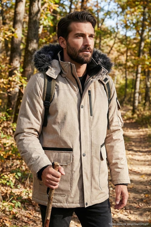 Peluş Astarlı Suya ve Rüzgara Dayanıklı Soğuk Geçirmez Slim Fit Erkek Mont 5711051 TAŞ