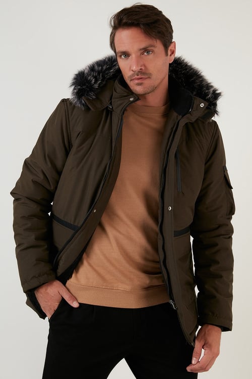 Peluş Astarlı Suya ve Rüzgara Dayanıklı Soğuk Geçirmez Slim Fit Erkek Mont 5711051 HAKİ