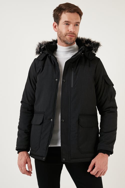 Peluş Astarlı Suya ve Rüzgara Dayanıklı Soğuk Geçirmez Slim Fit Erkek Mont 5711051 SİYAH
