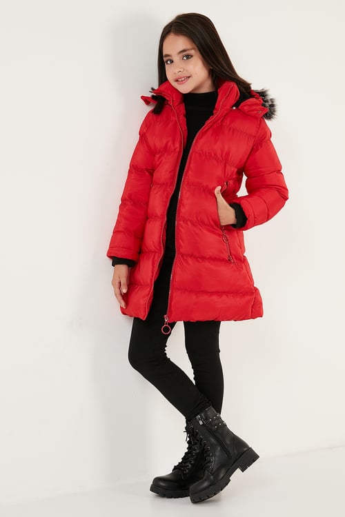 Peluş Astarlı Yakası Suni Kürklü Çıkarılabilir Kapüşonlu Kışlık Kız Çocuk Mont 5766038 KIRMIZI