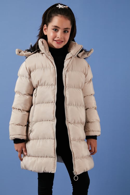 Peluş Astarlı Yakası Suni Kürklü Çıkarılabilir Kapüşonlu Kışlık Kız Çocuk Mont 5766038 TAŞ