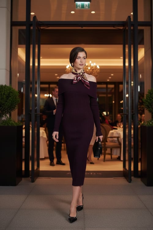 Premium Fitilli Carmen Yaka Slim Fit Midi Boy Triko Kadın Elbise 680EL00033 MÜRDÜM
