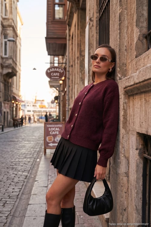 Premium Regular Fit Bisiklet Yaka Yumuşak Dokulu Kadın Hırka 680HI00147 BORDO