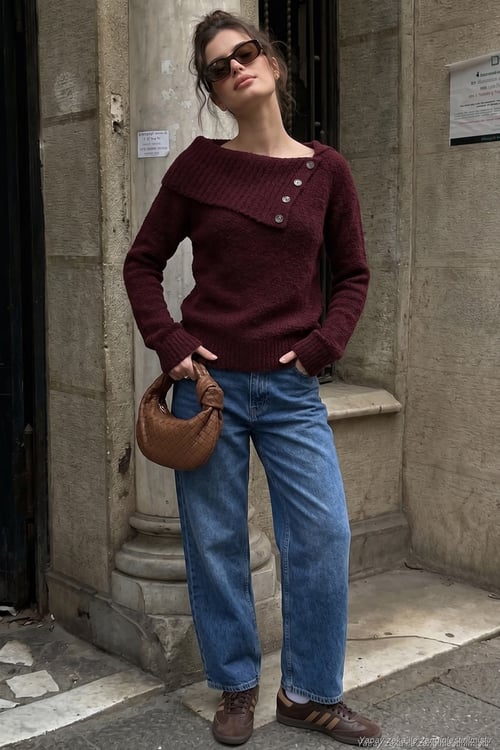 Premium Regular Fit Kayık Yaka Düğme Detaylı Kadın Kazak 680KZ002563 BORDO