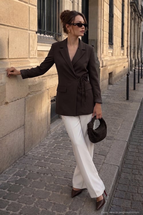 Puantiye Astarlı Belden Bağlamalı Blazer Kadın Ceket 6524049 KAHVE