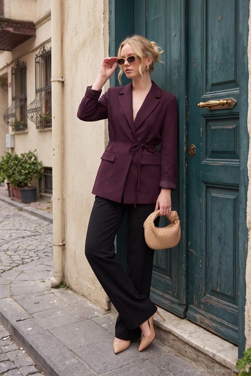 Puantiye Astarlı Belden Bağlamalı Blazer Kadın Ceket 6524049 MÜRDÜM