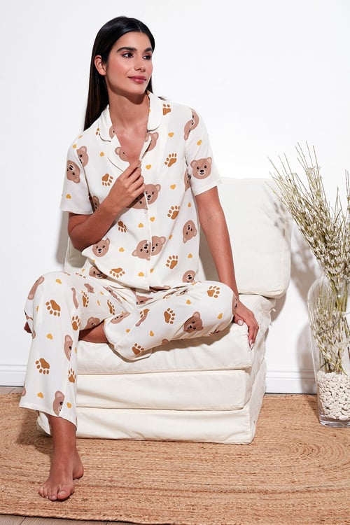 Rahat Kesim Bol Paça Mono Yaka Kısa Kollu Kadın Pijama Takımı 6110290 BEJ