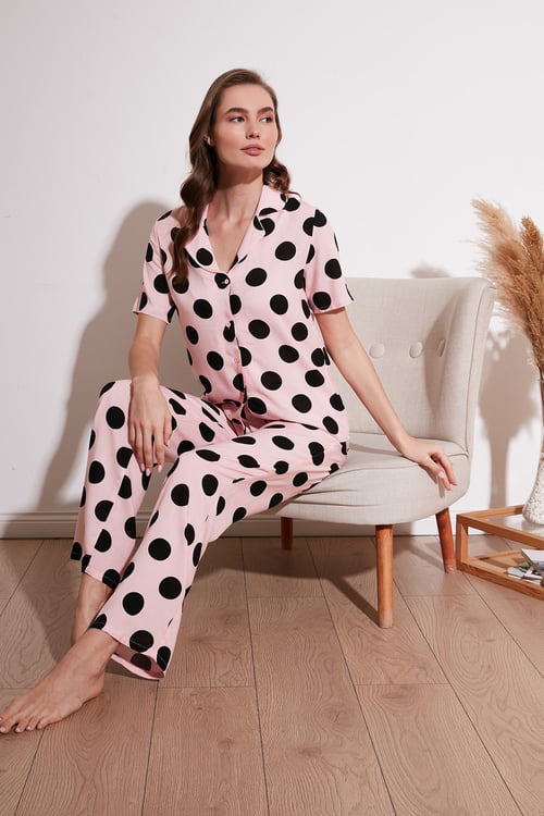 Rahat Kesim Bol Paça Mono Yaka Kısa Kollu Kadın Pijama Takımı 6110290 PEMBE