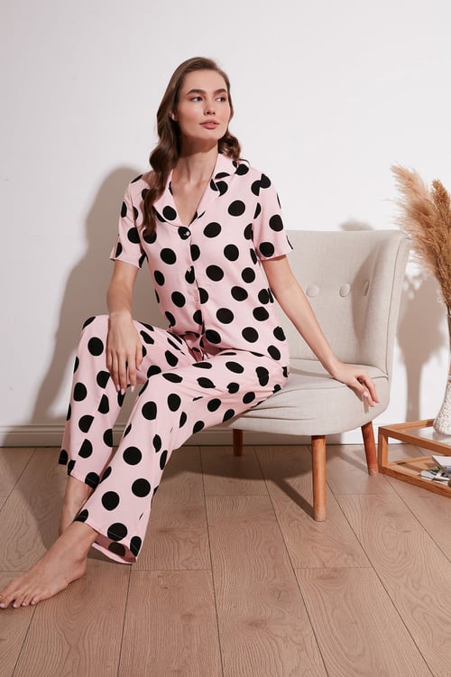 Rahat Kesim Bol Paça Mono Yaka Kısa Kollu Kadın Pijama Takımı 6110290 PEMBE