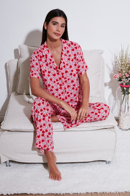 Rahat Kesim Bol Paça Mono Yaka Kısa Kollu Kadın Pijama Takımı 6110290 TOZ PEMBE