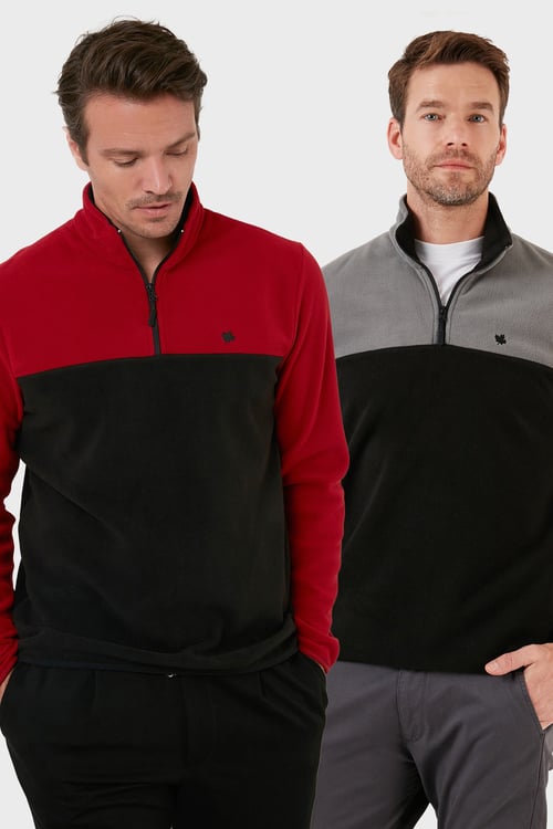 Regular Fit Anti-Pilling Tüylenme Yapmayan Dik Yaka Şardonlu 2'li Paket Erkek Polar 5906016S2 Bordo-Gri Siyah
