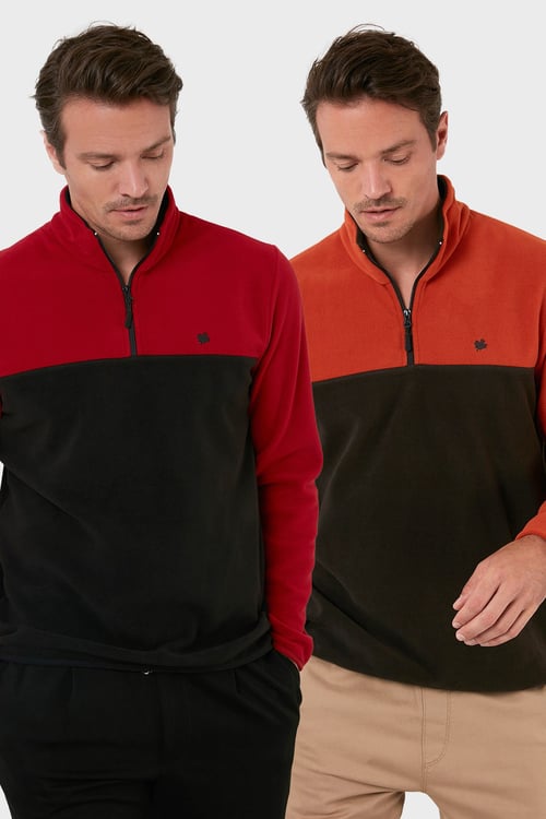 Regular Fit Anti-Pilling Tüylenme Yapmayan Dik Yaka Şardonlu 2'li Paket Erkek Polar 5906016S2 Oranj-Bordo